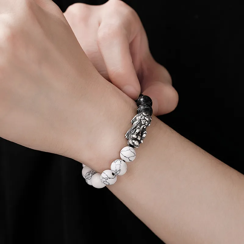 Lao Feng Xiang S999 Fine Silver Sterling Silver Beaded Bracelet Men's-1