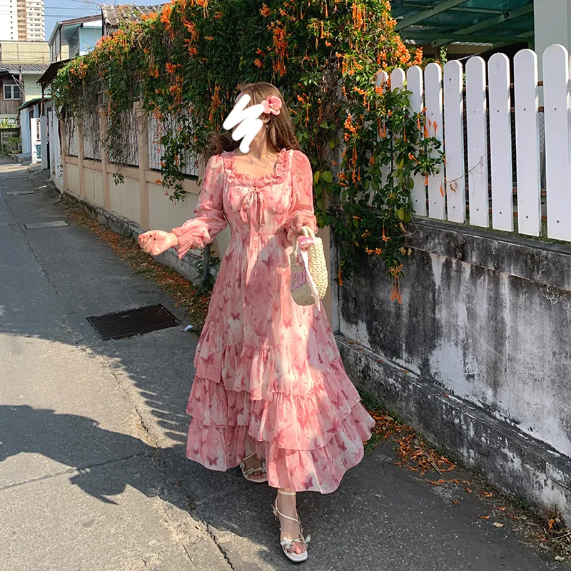 ANNIBUHUO Long Sleeved Dresses Women's Pink-2