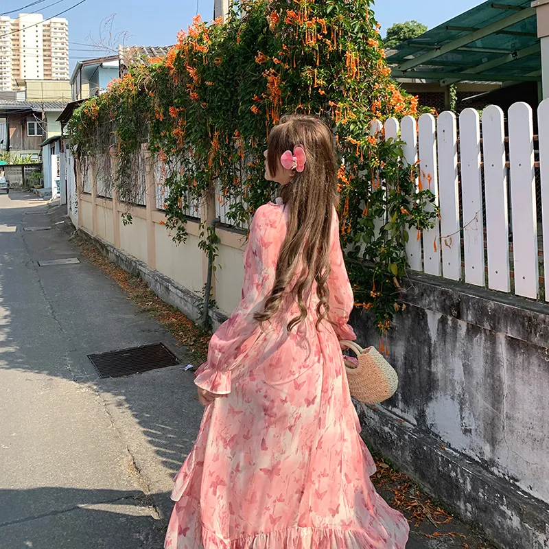 ANNIBUHUO Long Sleeved Dresses Women's Pink-3