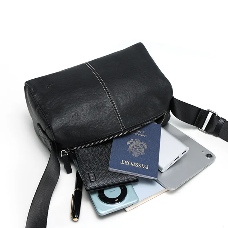 HLA Cow Leather One Shoulder Underarm Crossbody Bag Unisex Black-4