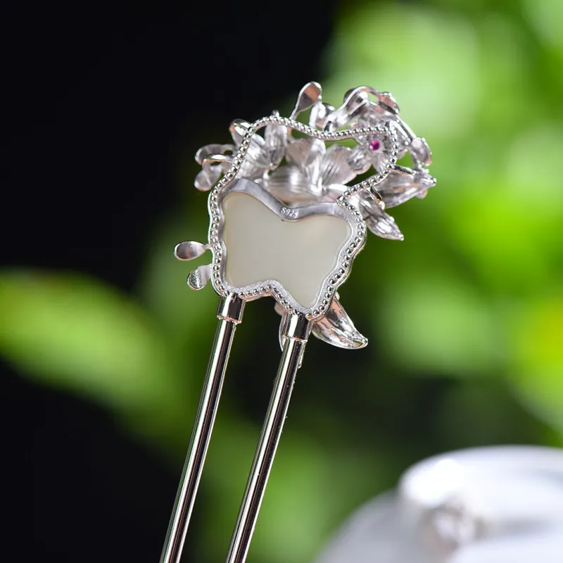 Jade Ink Love Hetian Jade Hairpin White Jade Women's-5