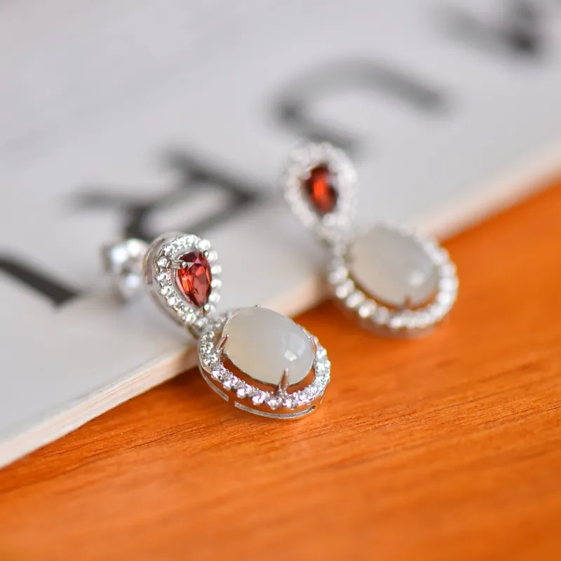 Jade Ink Love Hetian Jade Earrings White Jade Women's-4