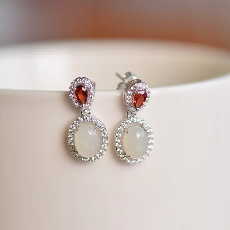 Jade Ink Love Hetian Jade Earrings White Jade Women's-1