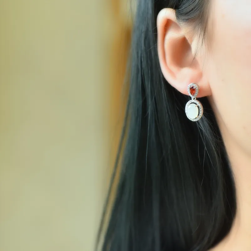 Jade Ink Love Hetian Jade Earrings White Jade Women's-6