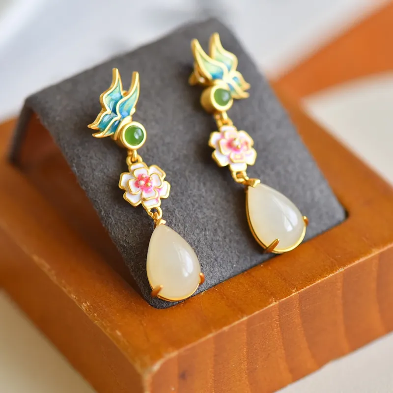 Jade Ink Love Hetian Jade Ear Stud White Jade Women's-2