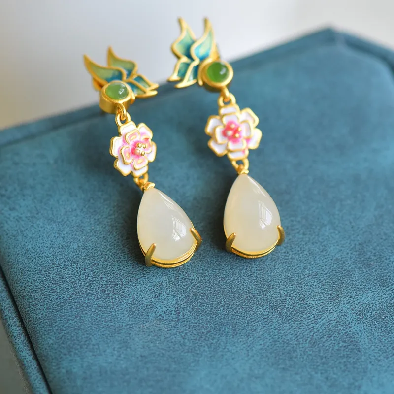 Jade Ink Love Hetian Jade Ear Stud White Jade Women's-1