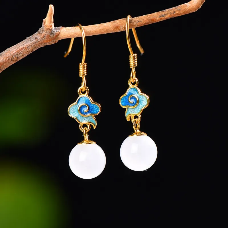 Jade Ink Love Hetian Jade Earrings Pale Greenish White Jade Women's-5