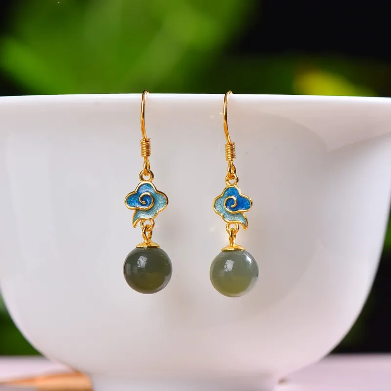 Jade Ink Love Hetian Jade Earrings Pale Greenish White Jade Women's-2