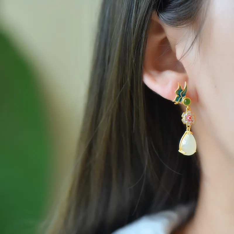Jade Ink Love Hetian Jade Ear Stud White Jade Women's-5