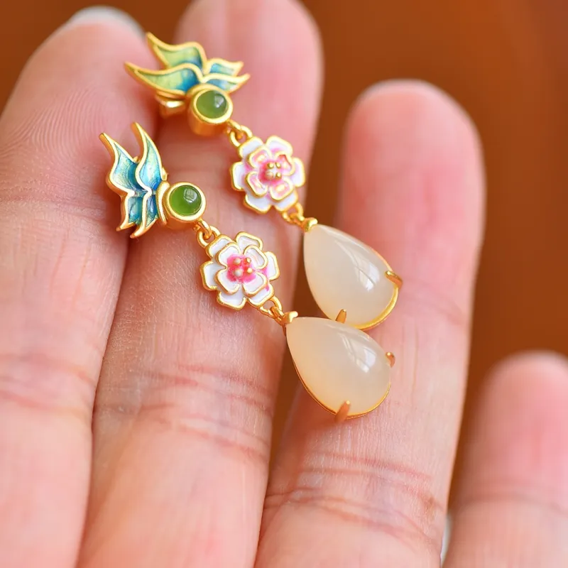Jade Ink Love Hetian Jade Ear Stud White Jade Women's-3