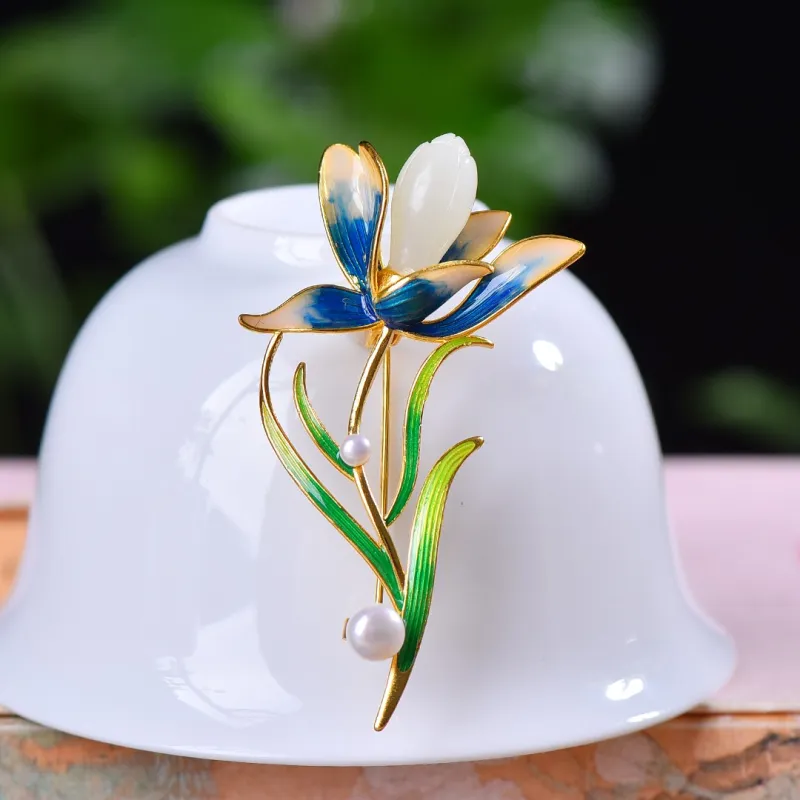 Jade Ink Love Hetian Jade Brooch White Jade Unisex-3