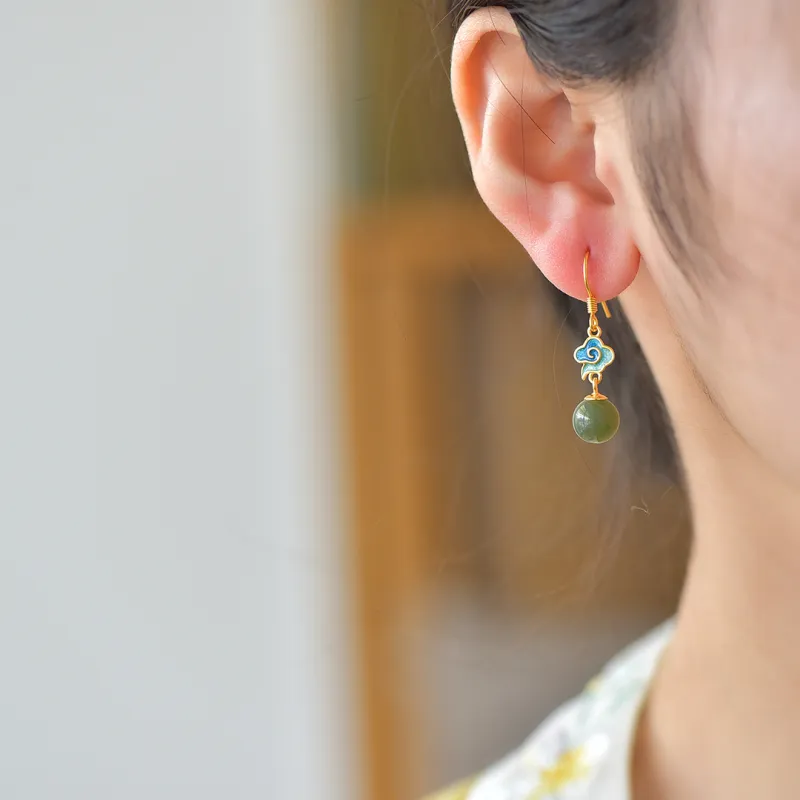 Jade Ink Love Hetian Jade Earrings Pale Greenish White Jade Women's-3