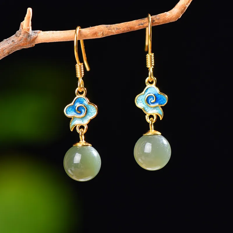Jade Ink Love Hetian Jade Earrings Pale Greenish White Jade Women's-1