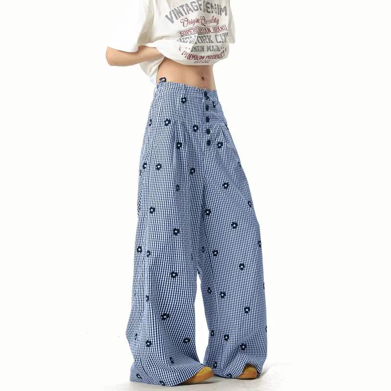 ROOMBOSE Casual Pants Unisex Blue Plaid-2