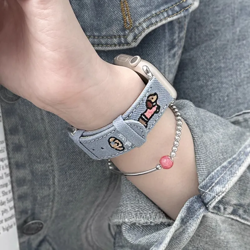 LOVINGCOOL Watch Band Apple Compatibility 49mm Denim Embroidery Dachshund Strap Material-1