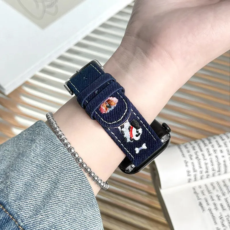 LOVINGCOOL Watch Band Apple Compatibility 49mm Denim Embroidery Dachshund Strap Material-5