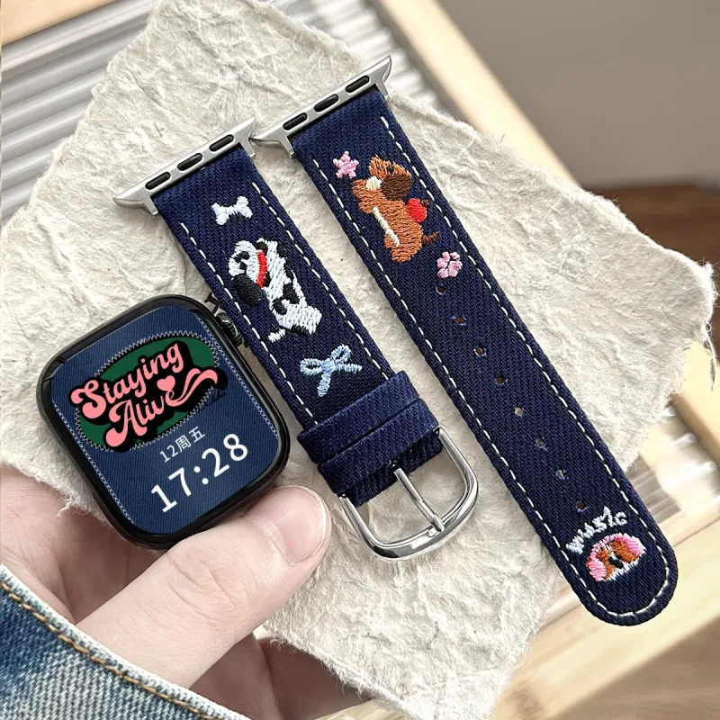 LOVINGCOOL Watch Band Apple Compatibility 49mm Denim Embroidery Dachshund Strap Material-6