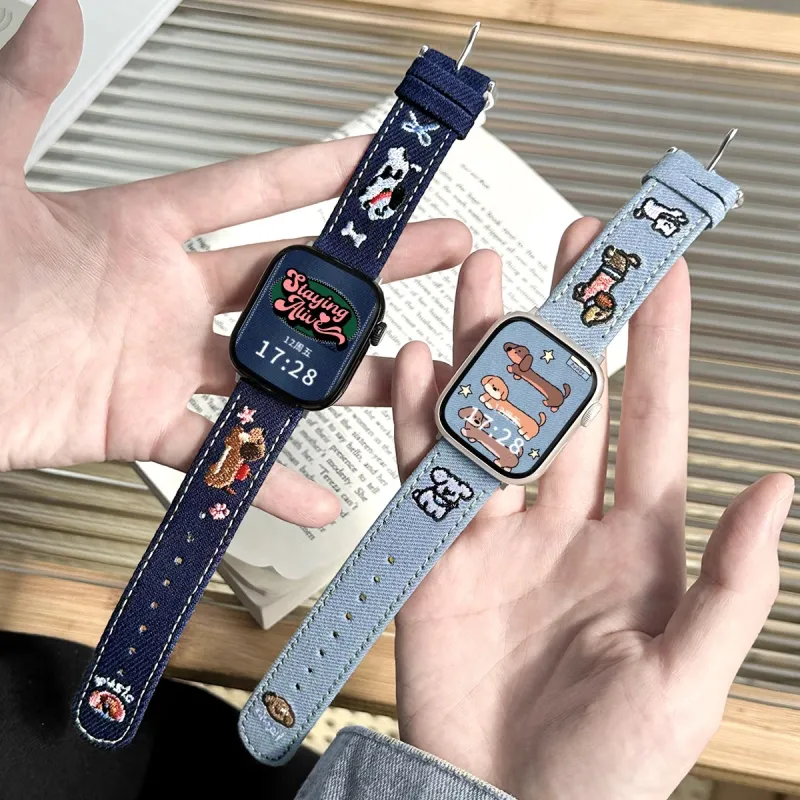 LOVINGCOOL Watch Band Apple Compatibility 49mm Denim Embroidery Dachshund Strap Material-3