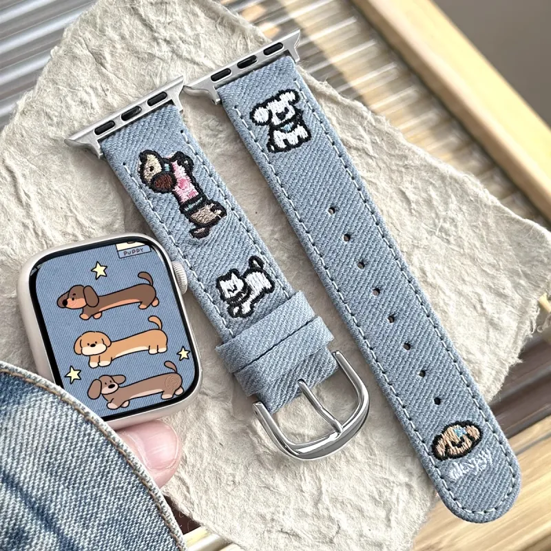LOVINGCOOL Watch Band Apple Compatibility 49mm Denim Embroidery Dachshund Strap Material-2