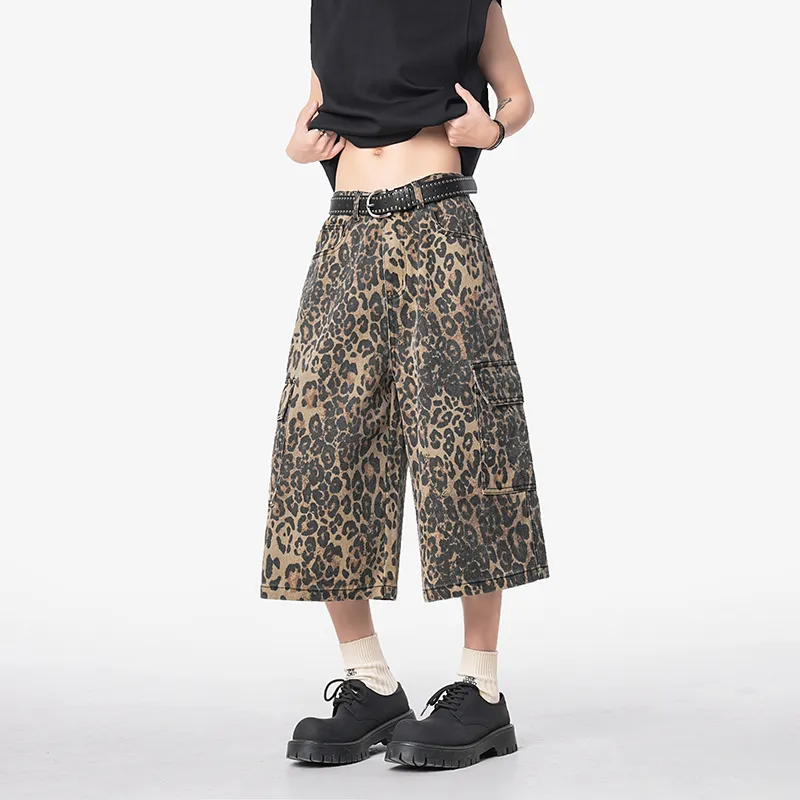 AYEA Denim Shorts Unisex Leopard Print-3