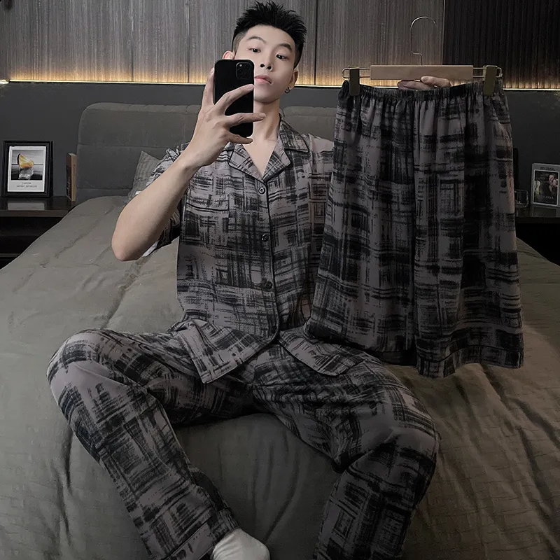 Qiao Ni Tong Pajama Set Men's Ink Drawn Plaid-2