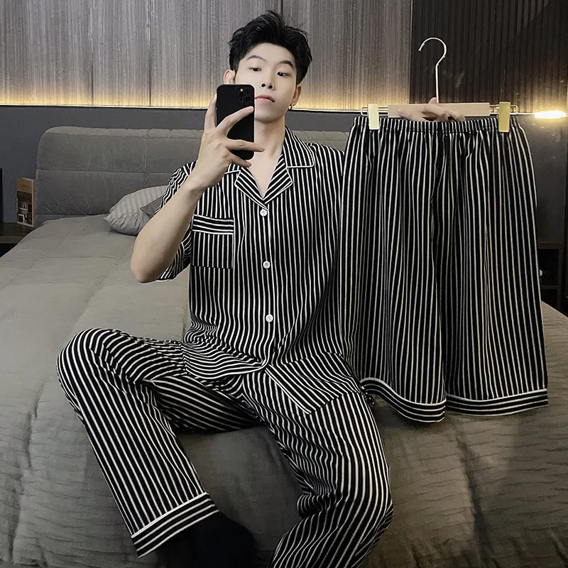 Qiao Ni Tong Pajama Set Men's Cool Vertical Stripes-1