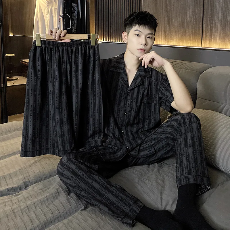 Qiao Ni Tong Pajama Set Men's Subtle Texture Whisper Stripes-2