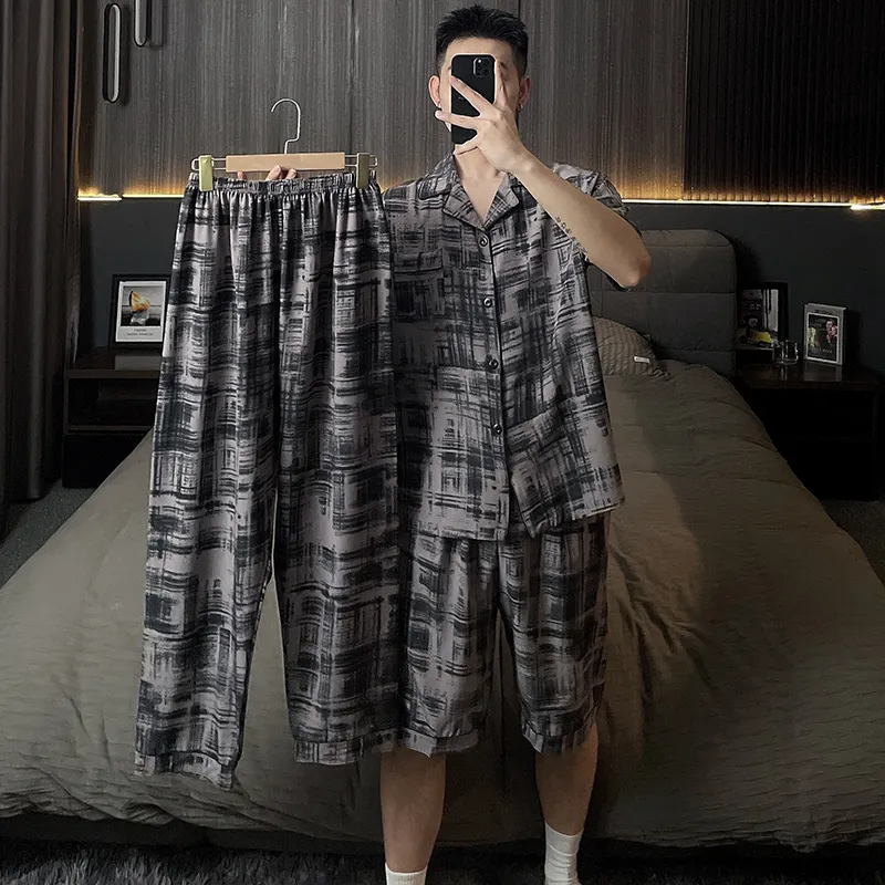 Qiao Ni Tong Pajama Set Men's Ink Drawn Plaid-7