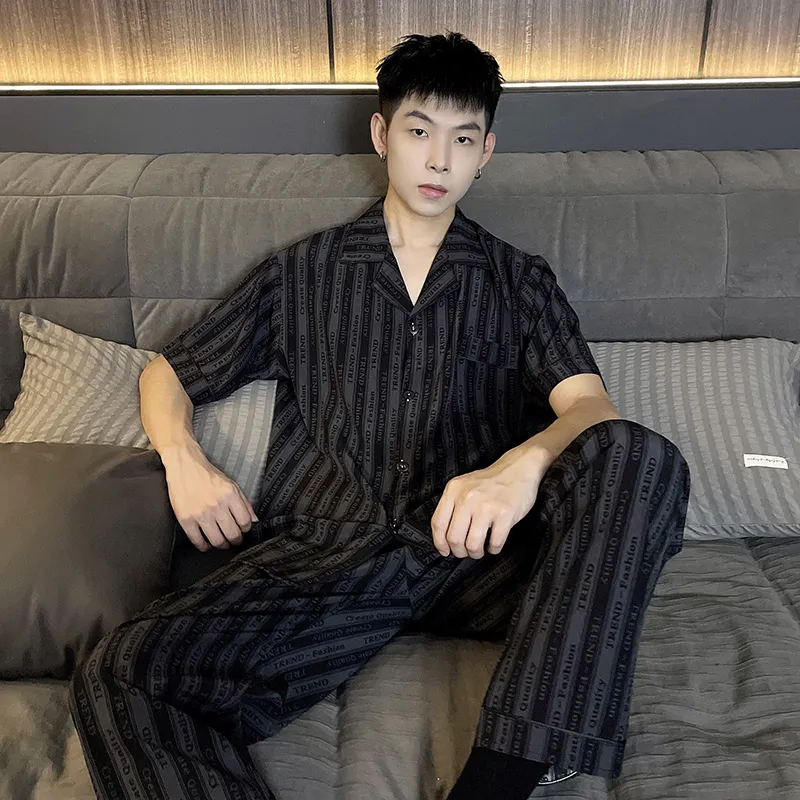 Qiao Ni Tong Pajama Set Men's Subtle Texture Whisper Stripes-3