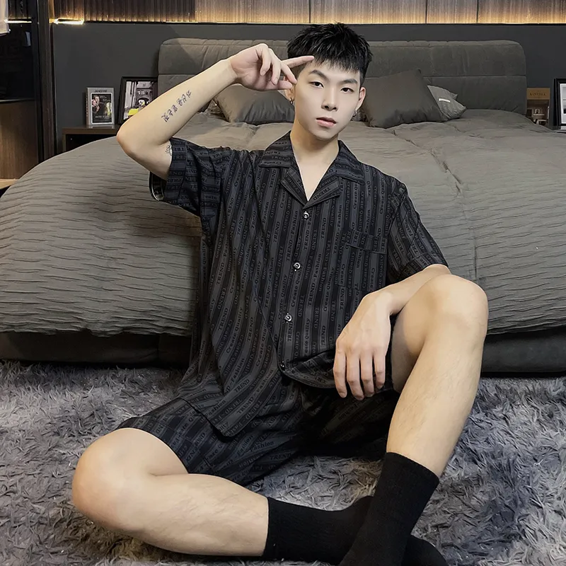 Qiao Ni Tong Pajama Set Men's Subtle Texture Whisper Stripes-7