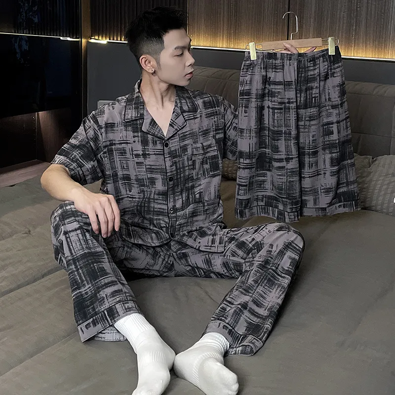 Qiao Ni Tong Pajama Set Men's Ink Drawn Plaid-4