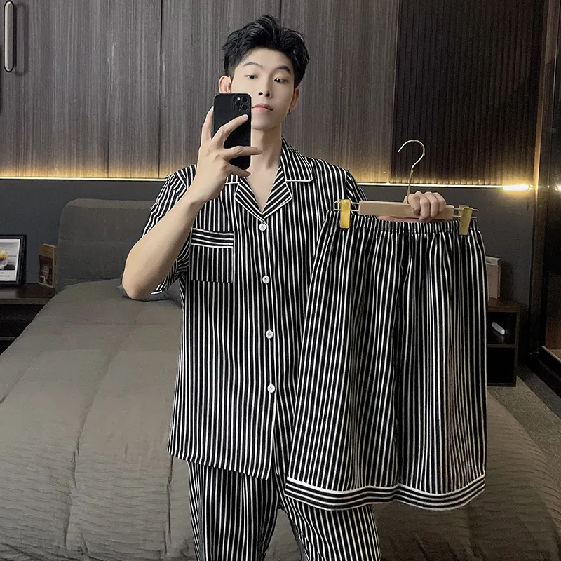 Qiao Ni Tong Pajama Set Men's Cool Vertical Stripes-4