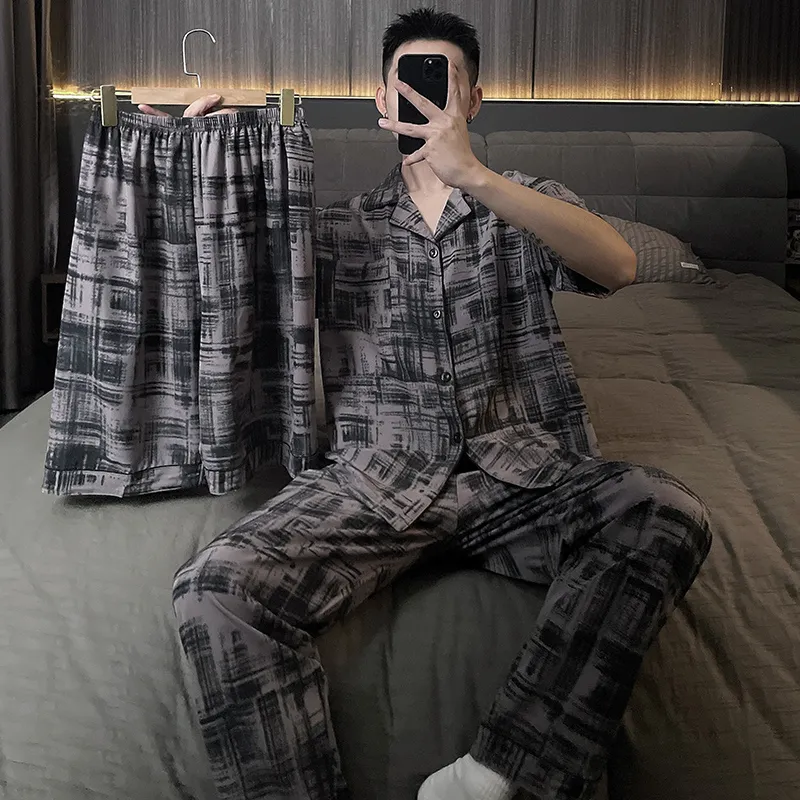 Qiao Ni Tong Pajama Set Men's Ink Drawn Plaid-1