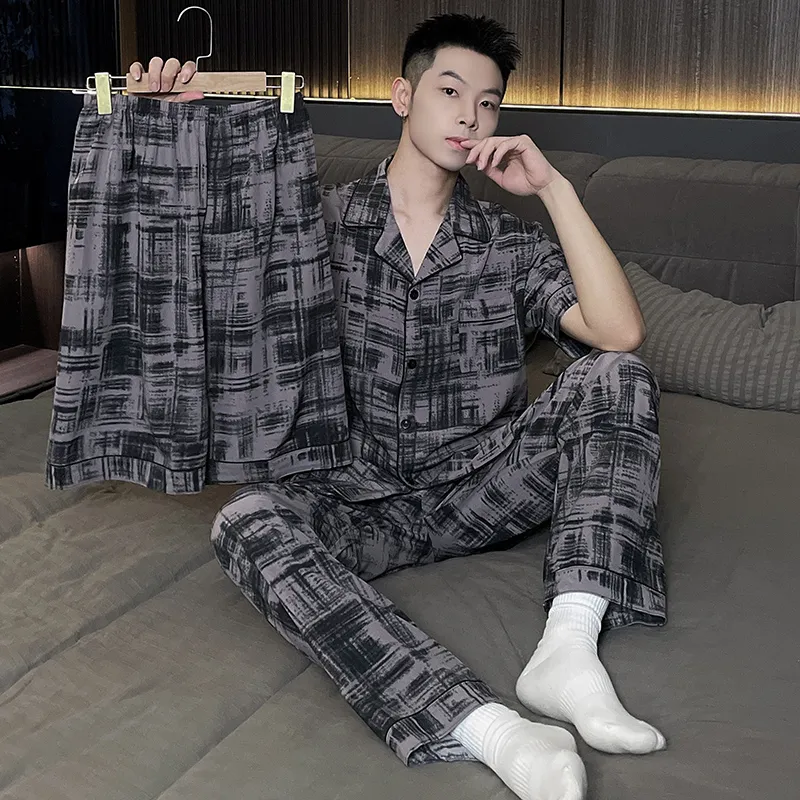 Qiao Ni Tong Pajama Set Men's Ink Drawn Plaid-3