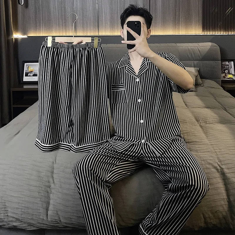 Qiao Ni Tong Pajama Set Men's Cool Vertical Stripes-2