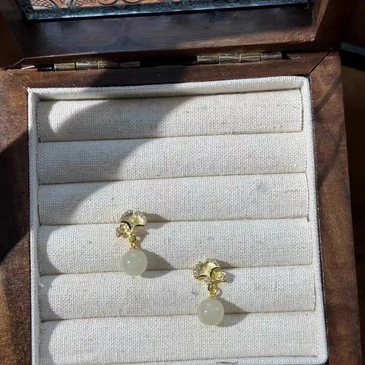 Yagu Earrings Pale Greenish White Jade Women's-5