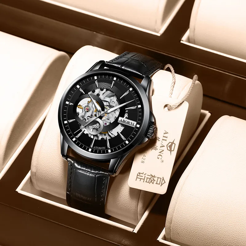 ABORNI Cool Collection Automatic Mechanical Movement Leather Strap Watch Men's Watches Cut Out Dial-20