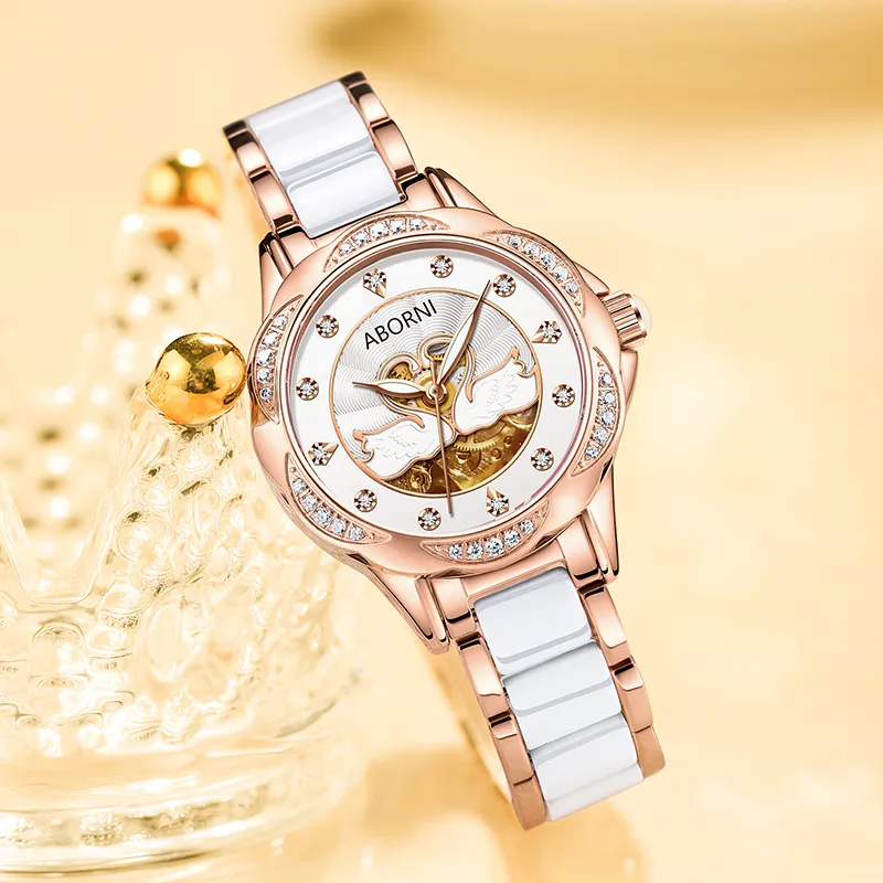 ABORNI Elegant Swan Collection Automatic Mechanical Movement Ceramic Strap Watch Women's Watch White Dial-5