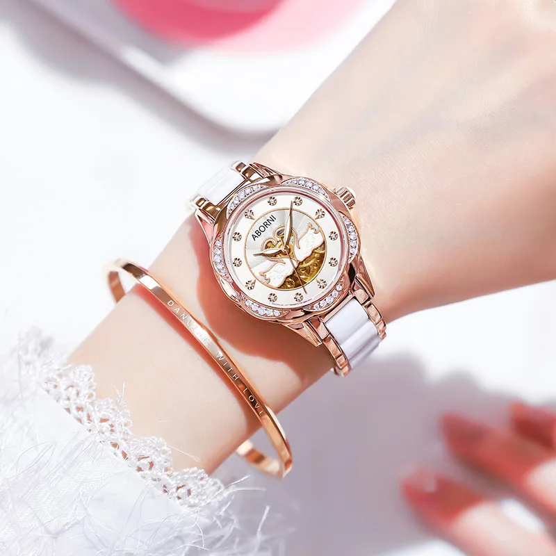 ABORNI Elegant Swan Collection Automatic Mechanical Movement Ceramic Strap Watch Women's Watch White Dial-3
