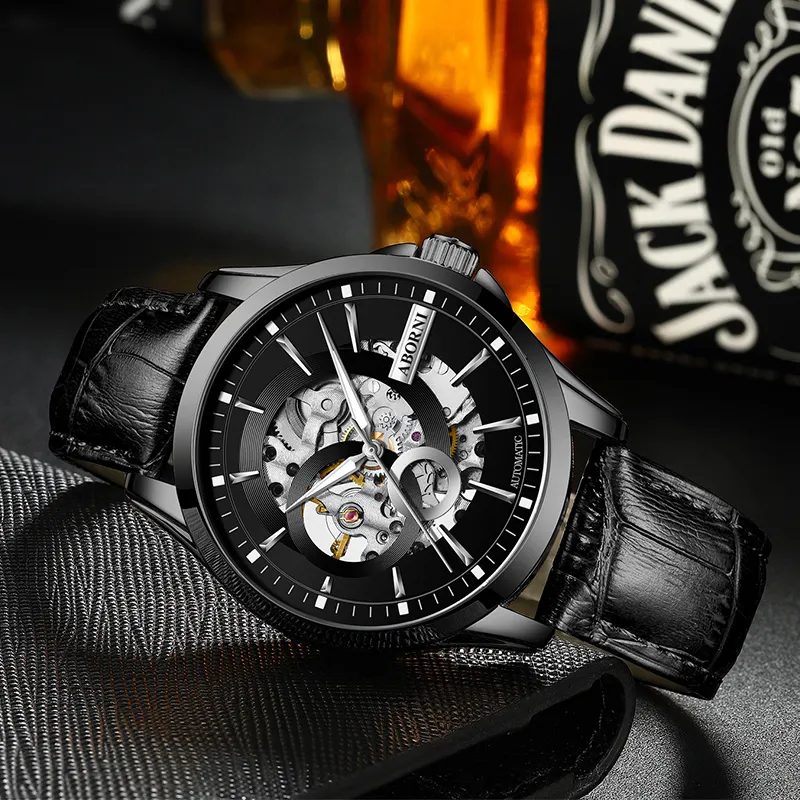 ABORNI Cool Collection Automatic Mechanical Movement Leather Strap Watch Men's Watches Cut Out Dial-21