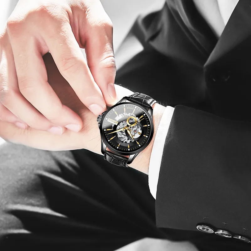 ABORNI Cool Collection Automatic Mechanical Movement Leather Strap Watch Men's Watches Cut Out Dial-18