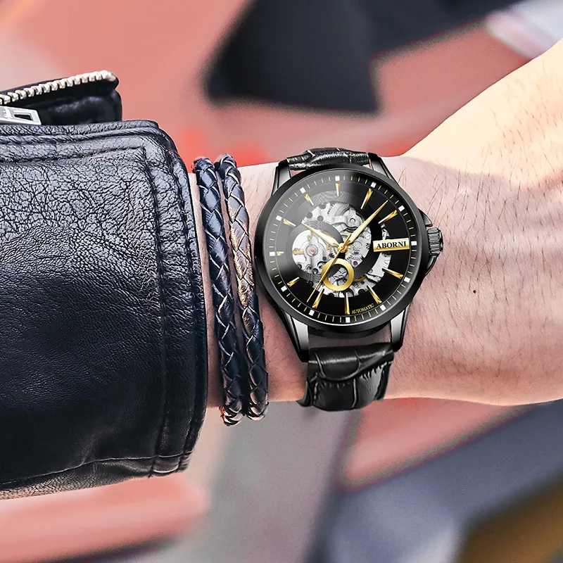 ABORNI Cool Collection Automatic Mechanical Movement Leather Strap Watch Men's Watches Cut Out Dial-14