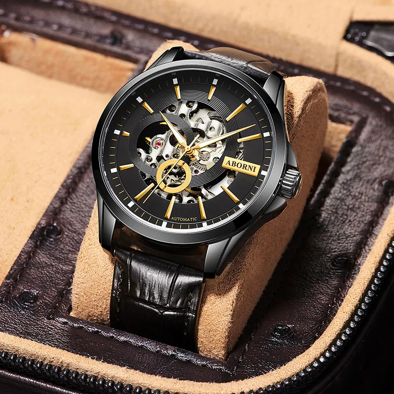 ABORNI Cool Collection Automatic Mechanical Movement Leather Strap Watch Men's Watches Cut Out Dial-15