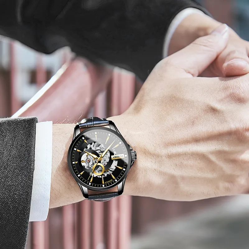 ABORNI Cool Collection Automatic Mechanical Movement Leather Strap Watch Men's Watches Cut Out Dial-19