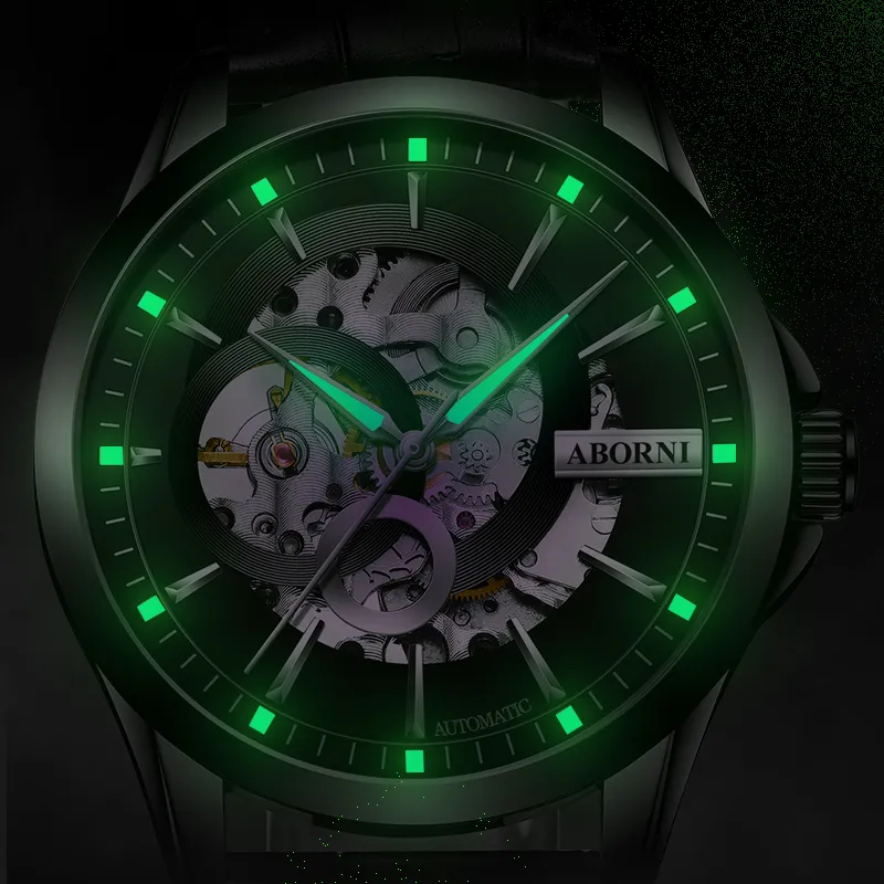ABORNI Cool Collection Automatic Mechanical Movement Leather Strap Watch Men's Watches Cut Out Dial-11
