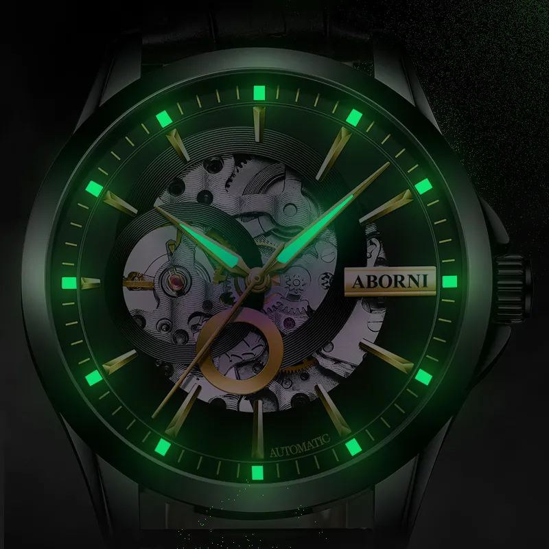 ABORNI Cool Collection Automatic Mechanical Movement Leather Strap Watch Men's Watches Cut Out Dial-5