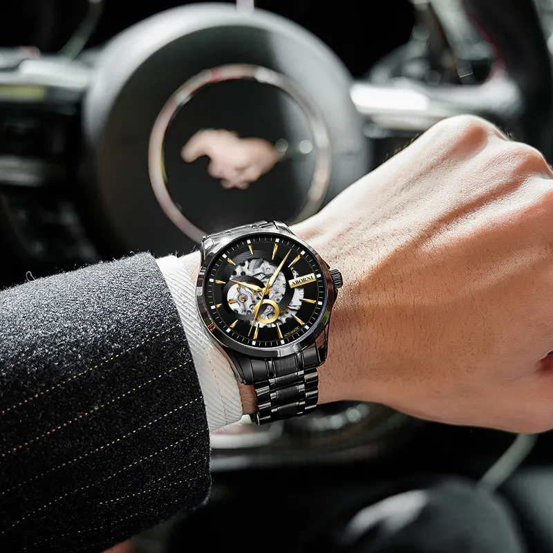ABORNI Cool Collection Automatic Mechanical Movement Leather Strap Watch Men's Watches Cut Out Dial-1