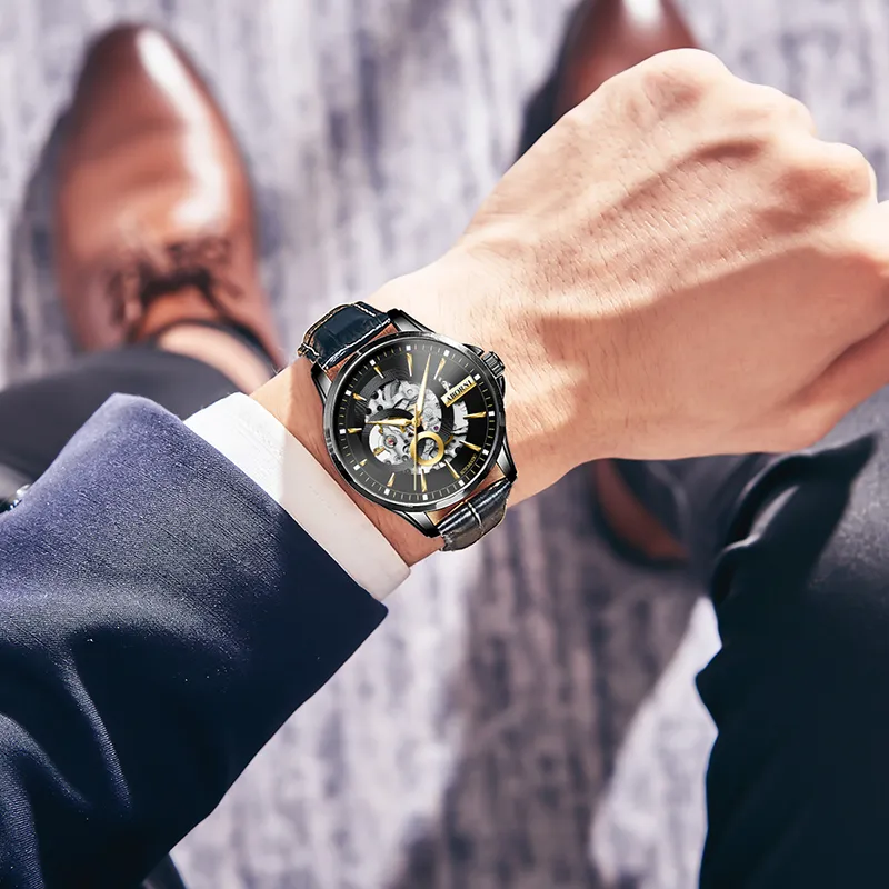 ABORNI Cool Collection Automatic Mechanical Movement Leather Strap Watch Men's Watches Cut Out Dial-13