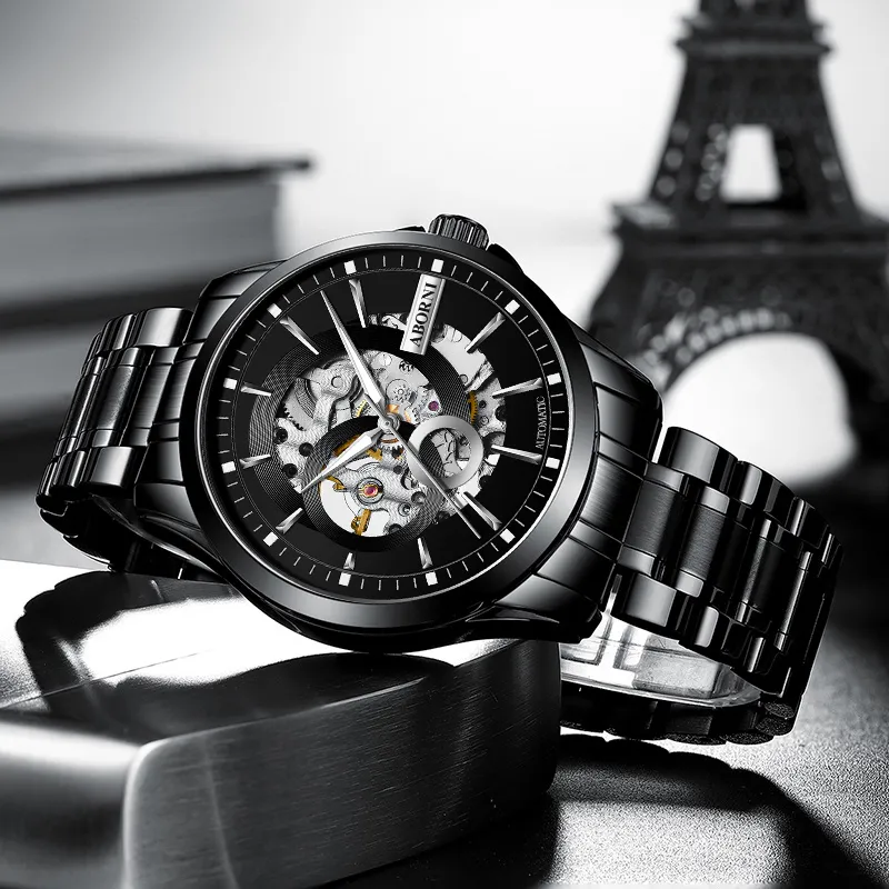ABORNI Cool Collection Automatic Mechanical Movement Leather Strap Watch Men's Watches Cut Out Dial-9