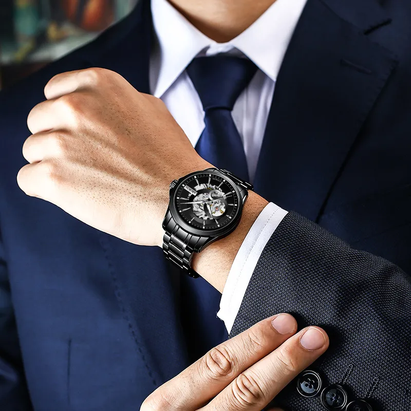 ABORNI Cool Collection Automatic Mechanical Movement Leather Strap Watch Men's Watches Cut Out Dial-8